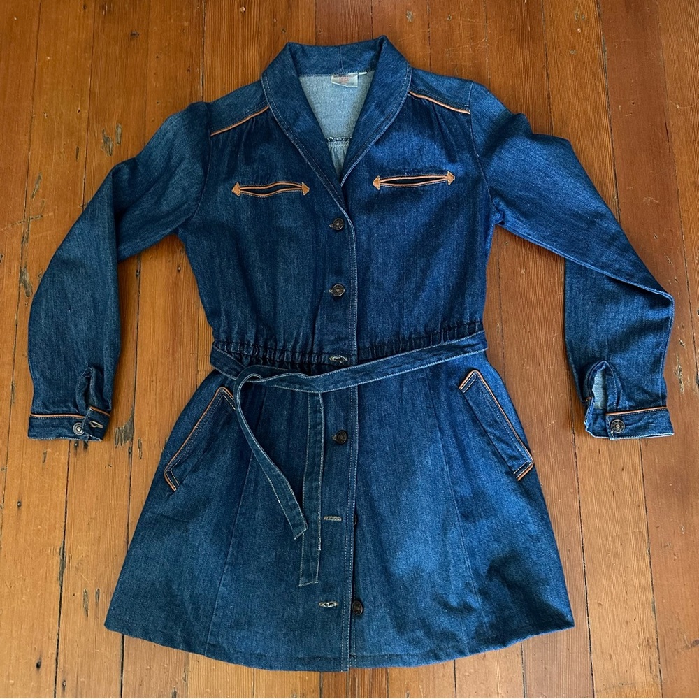 Vintage 1970s Denim Trench Coat Tunic Jacket Tailored Belted Waist Mod Mini-Coat